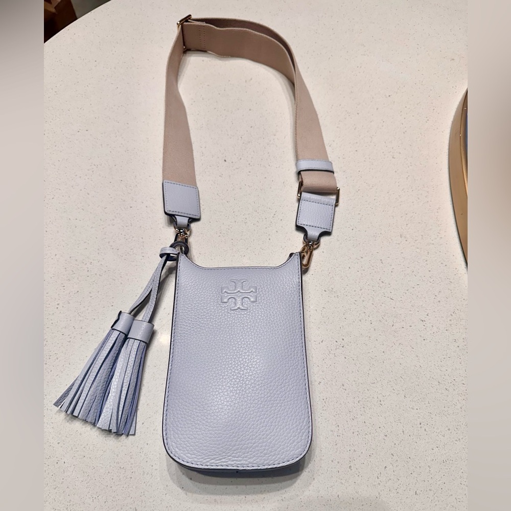 Tory Burch Light Blue Pebbled Leather Crossbody Phone Bag with Tassel